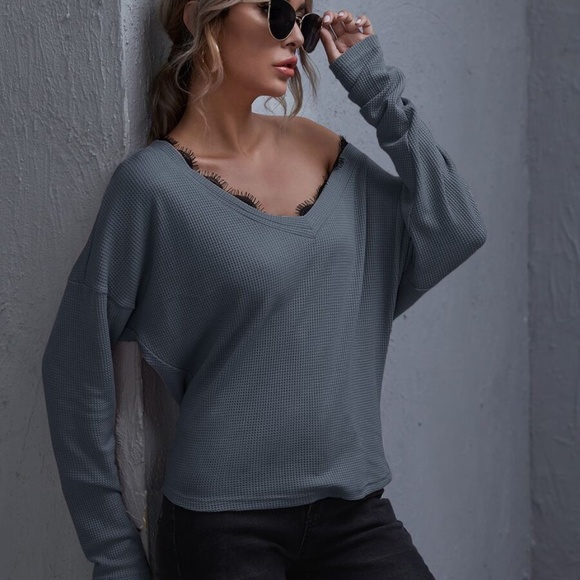 Black eyelash lace detail off shoulder waffle top - Picture 14 of 14